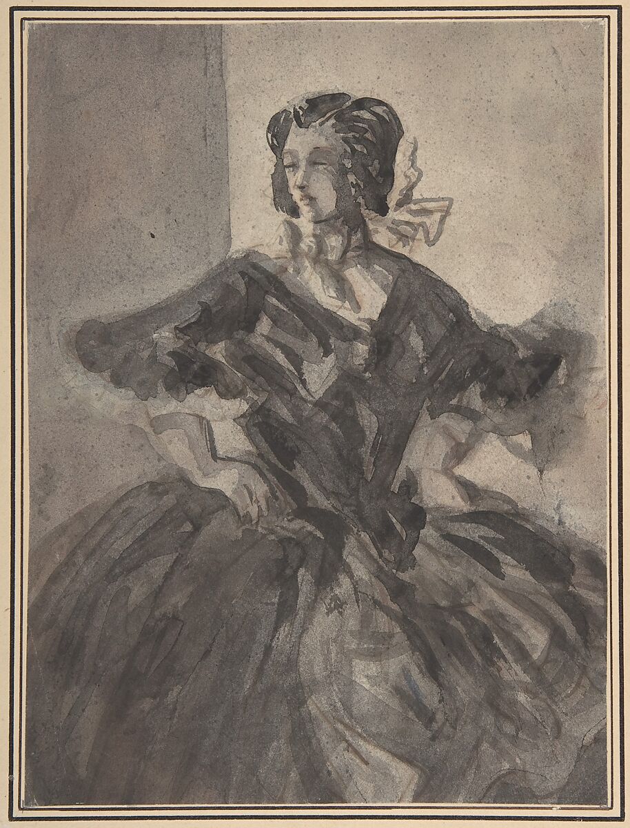 Woman with Arms Akimbo, Constantin Guys (French, Flushing 1802–1892 Paris), Brush and black and gray wash over traces of pen and brown ink.  Laid down. 