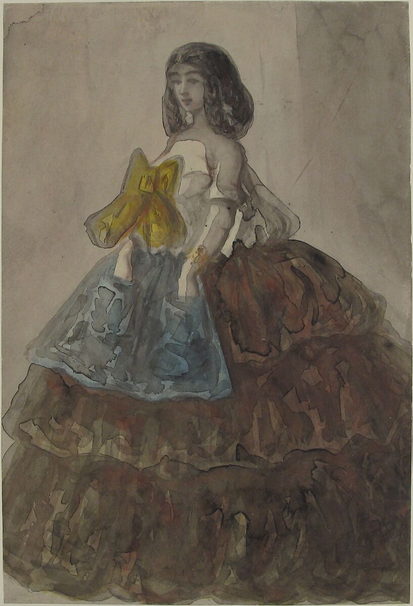 Woman in a Tiered Gown with a Large Bow, Constantin Guys (French, Flushing 1802–1892 Paris), Brush and gray, pale red, blue, and yellow wash over, traces of graphite.  Laid down.