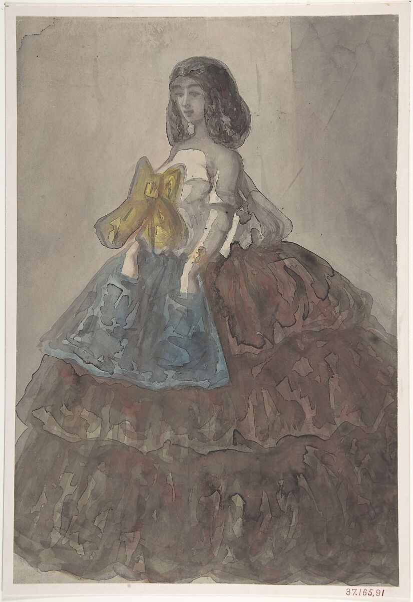 Woman in a Tiered Gown with a Large Bow, Constantin Guys (French, Flushing 1802–1892 Paris), Brush and gray, pale red, blue, and yellow wash over, traces of graphite.  Laid down. 