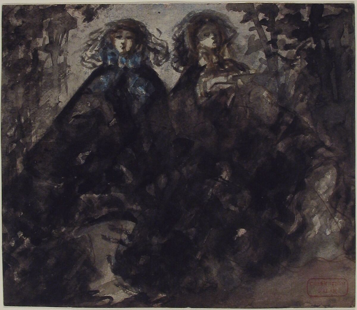 Two Ladies Taking a Walk, Constantin Guys (French, Flushing 1802–1892 Paris), Brush and black wash, with touches of blue and brown wash;  pen and ink.  Laid down.