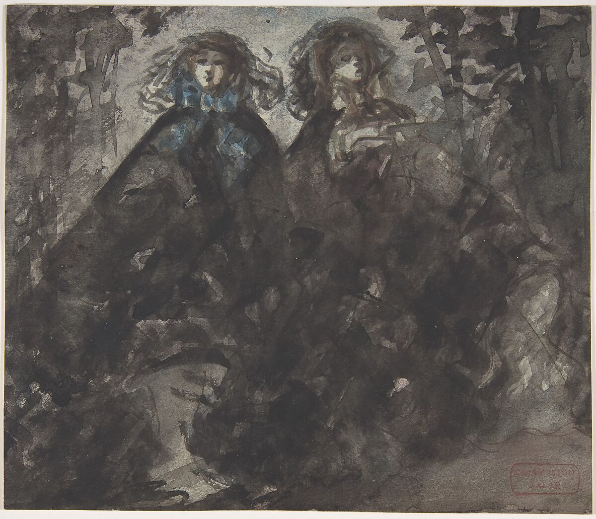 Two Ladies Taking a Walk, Constantin Guys (French, Flushing 1802–1892 Paris), Brush and black wash, with touches of blue and brown wash;  pen and ink.  Laid down. 