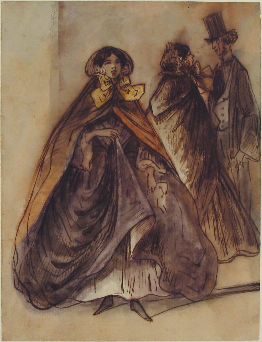 Two Women and a Man with a Top Hat and a Monocle, Constantin Guys (French, Flushing 1802–1892 Paris), Pen and brown ink, brown wash, some pale blue, orange and yellow wash.