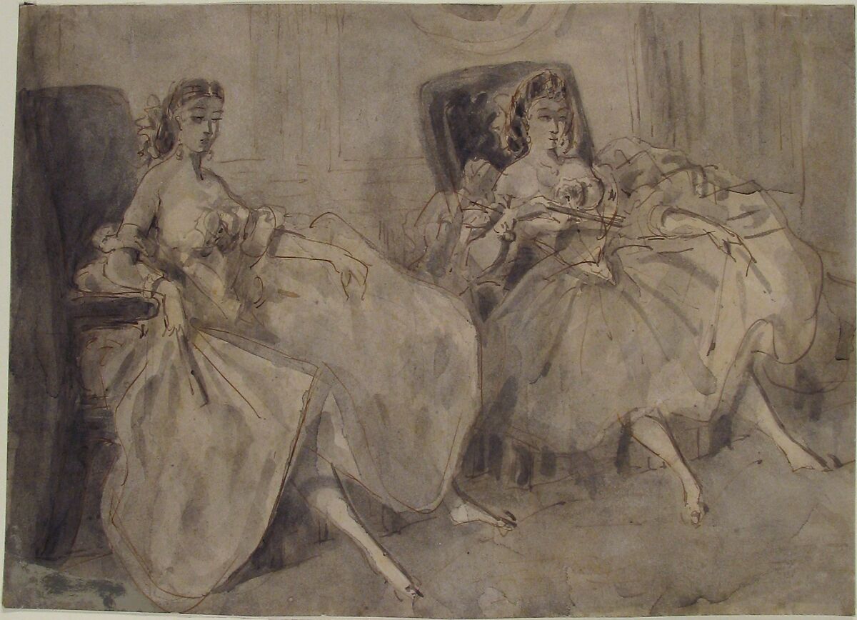 Two Seated Women, Constantin Guys (French, Flushing 1802–1892 Paris), Pen and brown ink, gray wash over traces of graphite