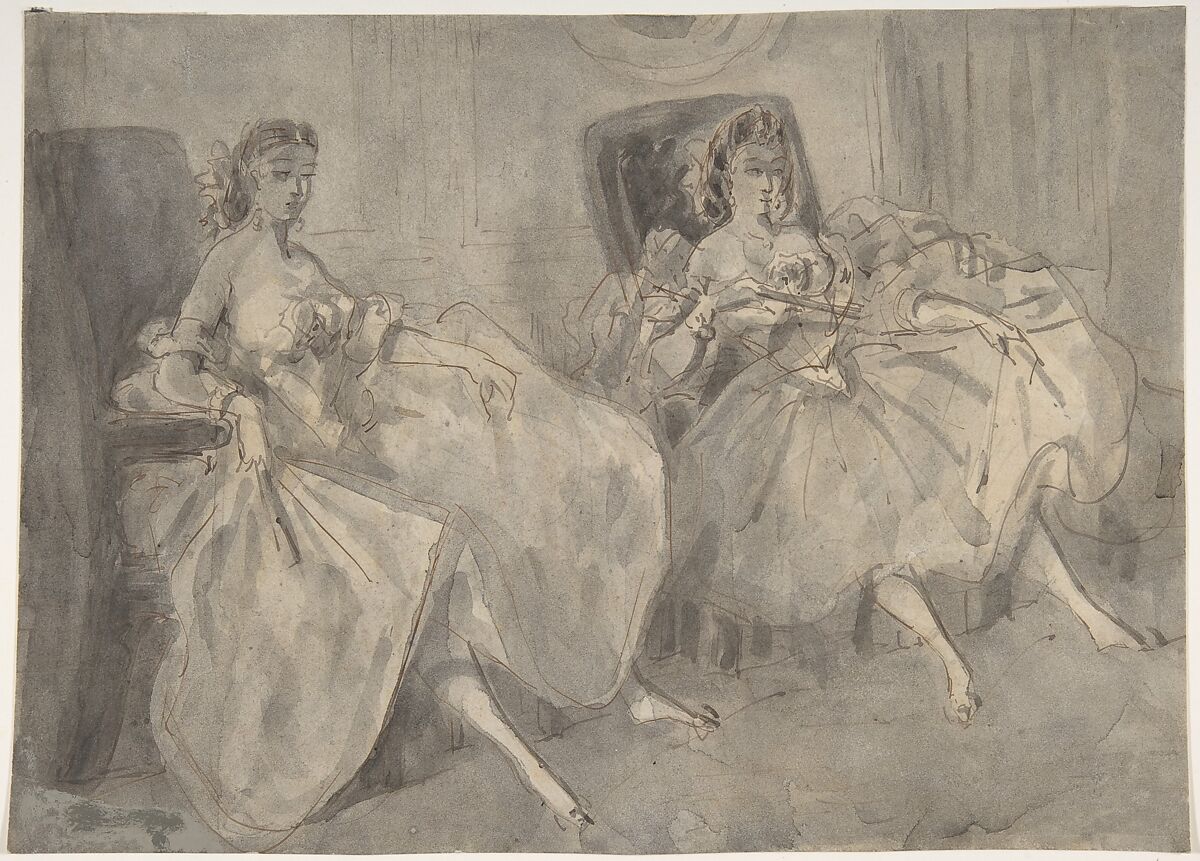Two Seated Women, Constantin Guys (French, Flushing 1802–1892 Paris), Pen and brown ink, gray wash over traces of graphite 