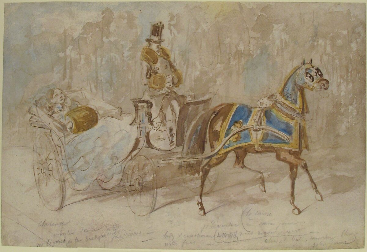 Winter Drive, Constantin Guys (French, Flushing 1802–1892 Paris), Pen and brown ink, brown, blue and yellow wash, over traces of graphite