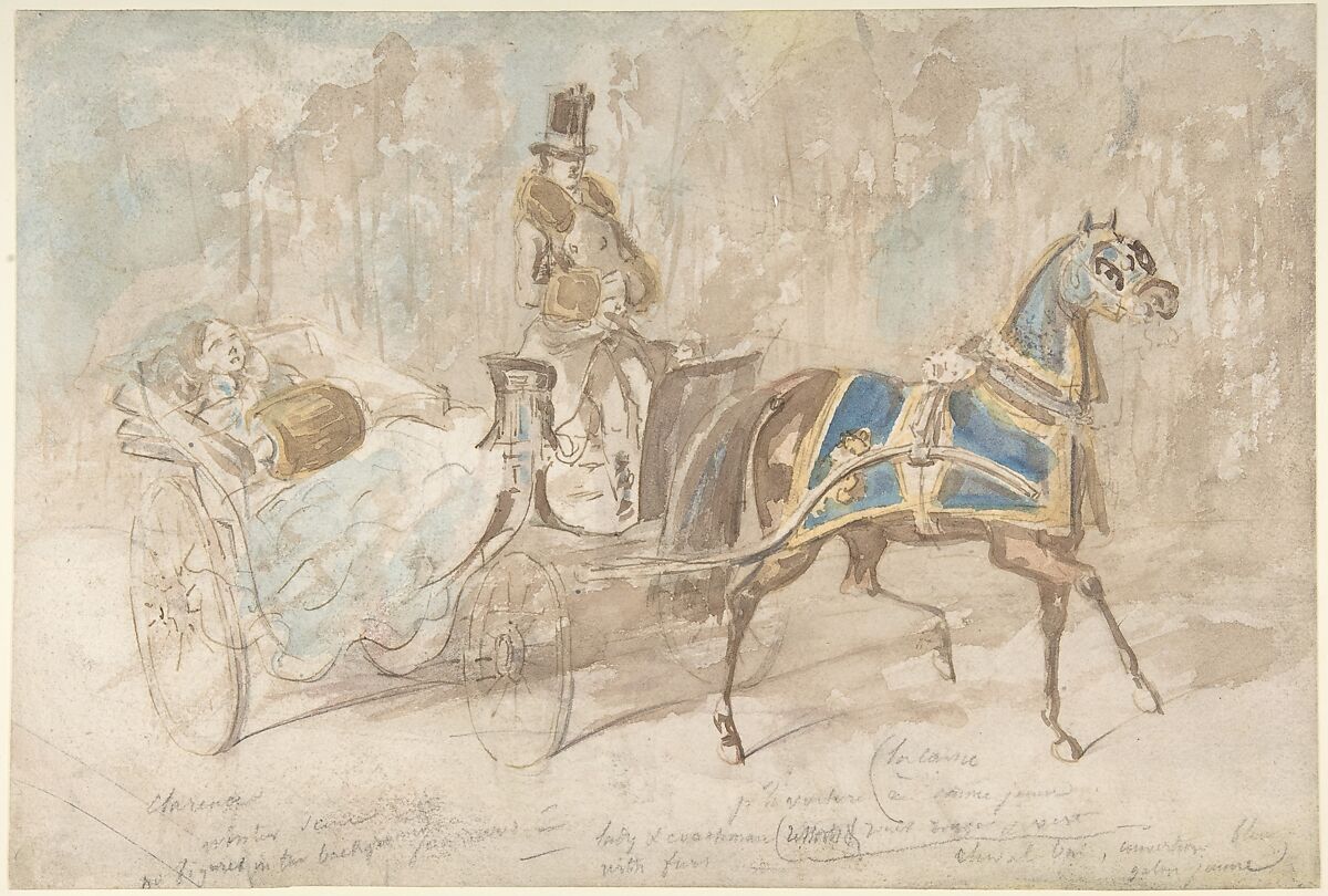 Winter Drive, Constantin Guys (French, Flushing 1802–1892 Paris), Pen and brown ink, brown, blue and yellow wash, over traces of graphite 