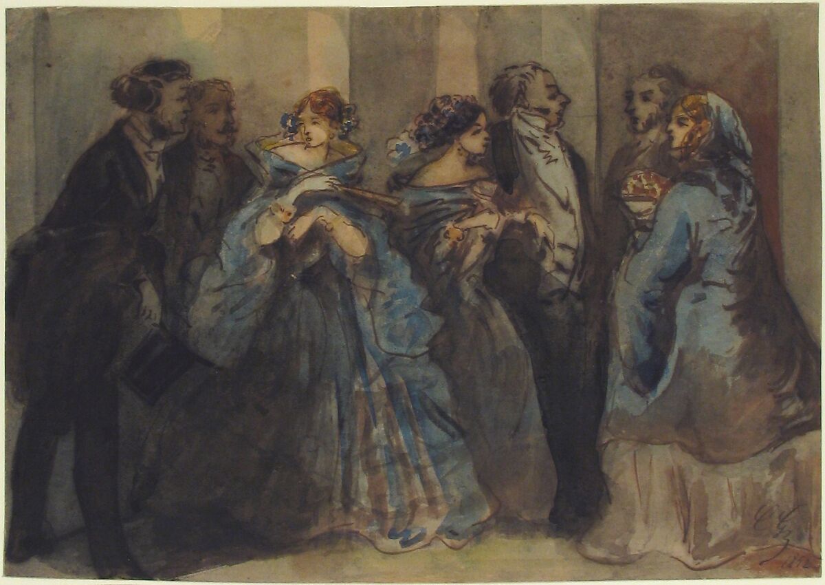 Leaving the Theater, Constantin Guys (French, Flushing 1802–1892 Paris), Pen and brown ink, brush and black, gray, red, blue, and yellow wash