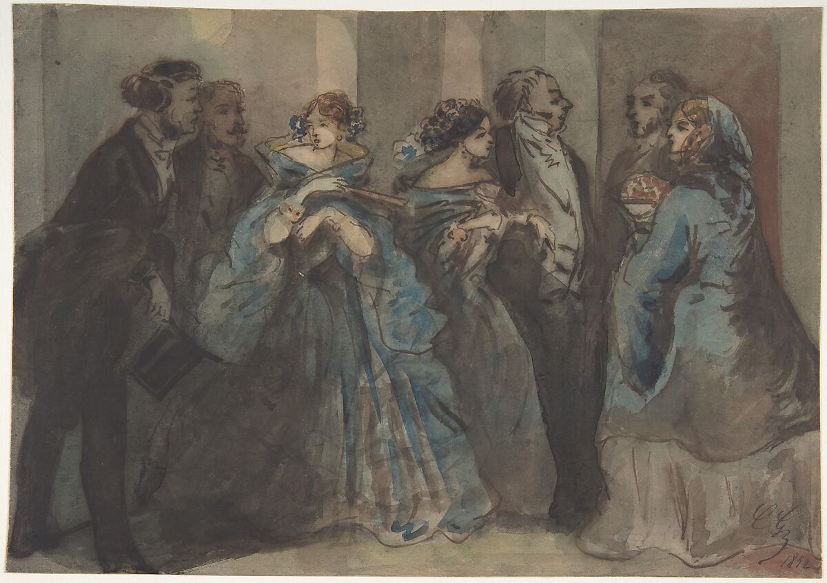 Leaving the Theater, Constantin Guys (French, Flushing 1802–1892 Paris), Pen and brown ink, brush and black, gray, red, blue, and yellow wash 