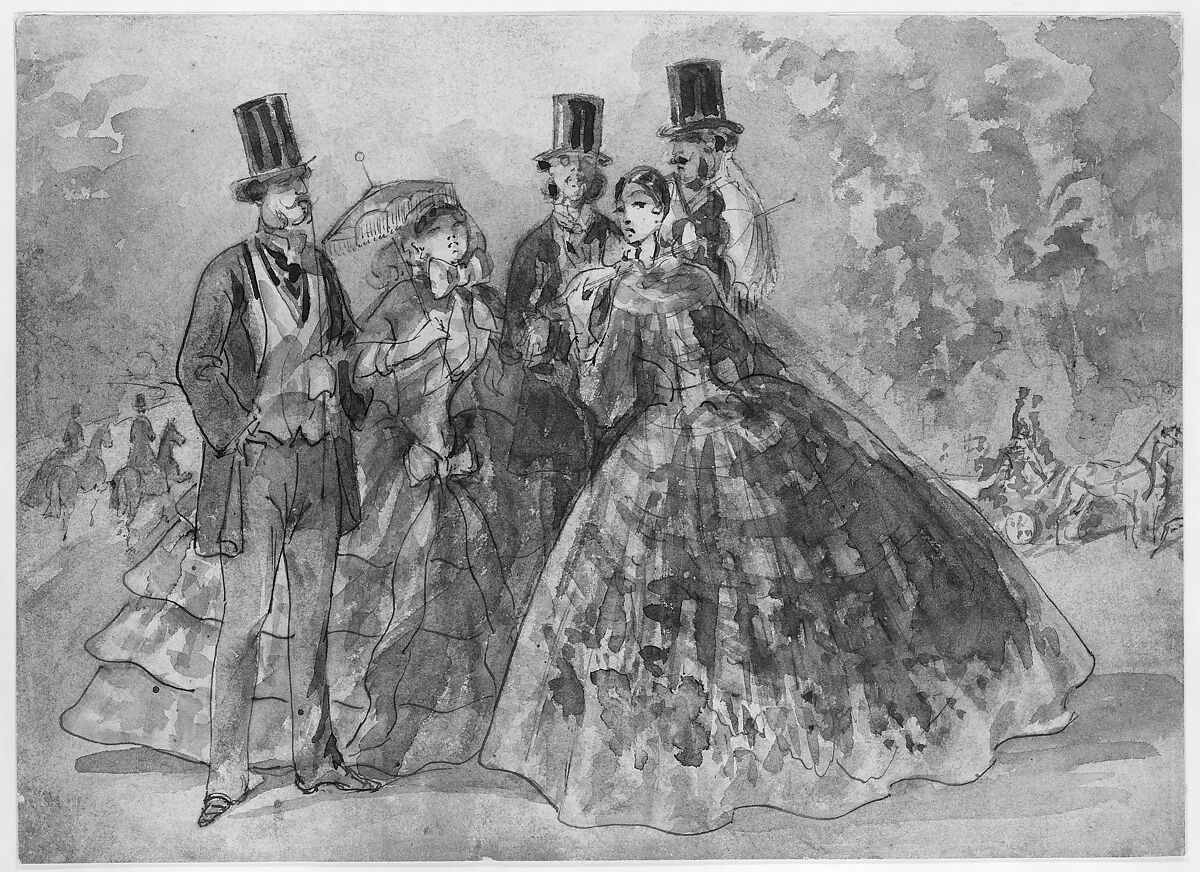 Meeting in the Park, Constantin Guys (French, Flushing 1802–1892 Paris), Pen and brown ink, brush and gray, blue, and black wash