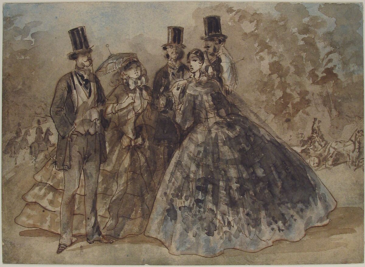 Meeting in the Park, Constantin Guys (French, Flushing 1802–1892 Paris), Pen and brown ink, brush and gray, blue, and black wash