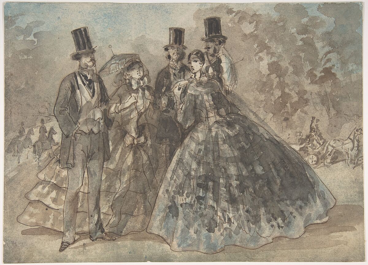 Meeting in the Park, Constantin Guys (French, Flushing 1802–1892 Paris), Pen and brown ink, brush and gray, blue, and black wash 