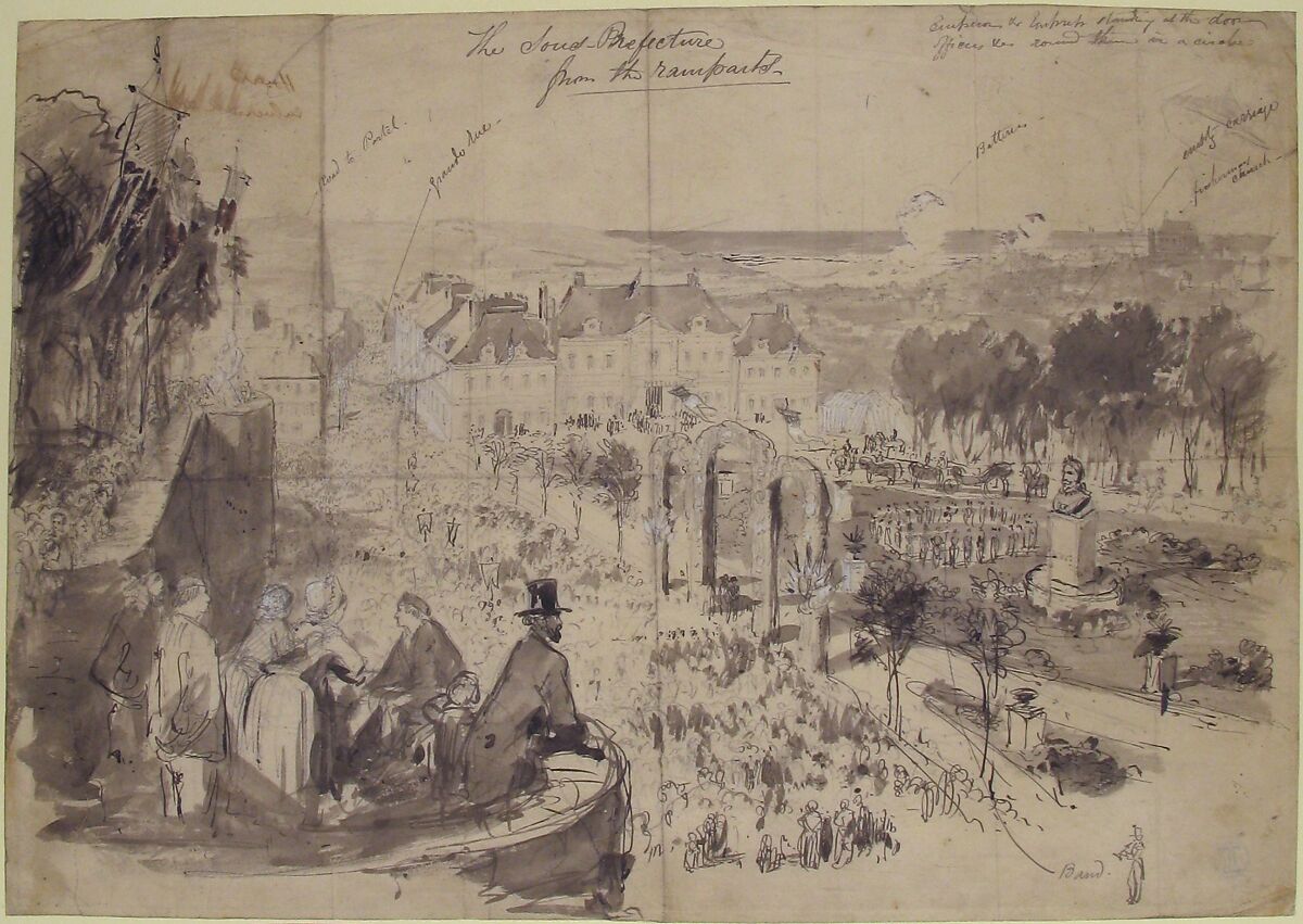 The Visit of Napoléon III to Boulogne-sur-Mer, Constantin Guys (French, Flushing 1802–1892 Paris), Pen and black ink, gray wash over graphite; heightened with white gouache