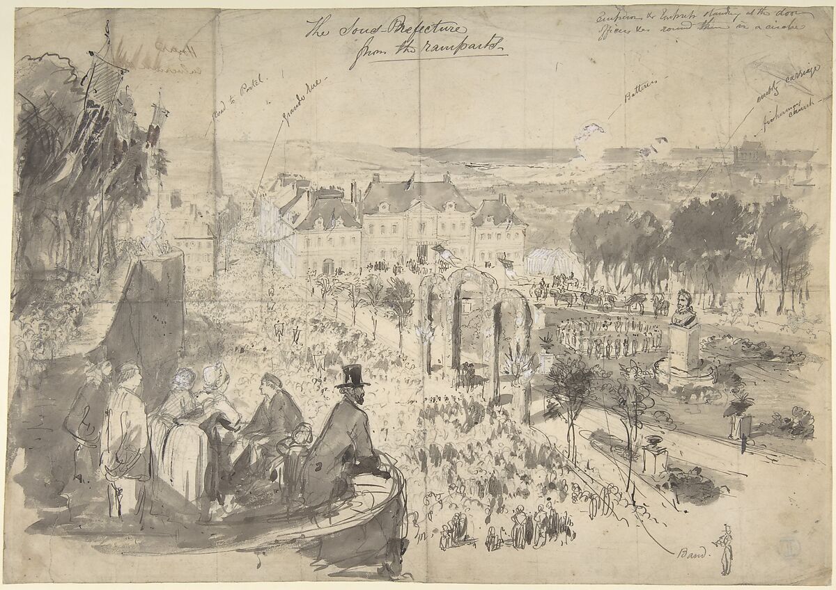 The Visit of Napoléon III to Boulogne-sur-Mer, Constantin Guys (French, Flushing 1802–1892 Paris), Pen and black ink, gray wash over graphite; heightened with white gouache 
