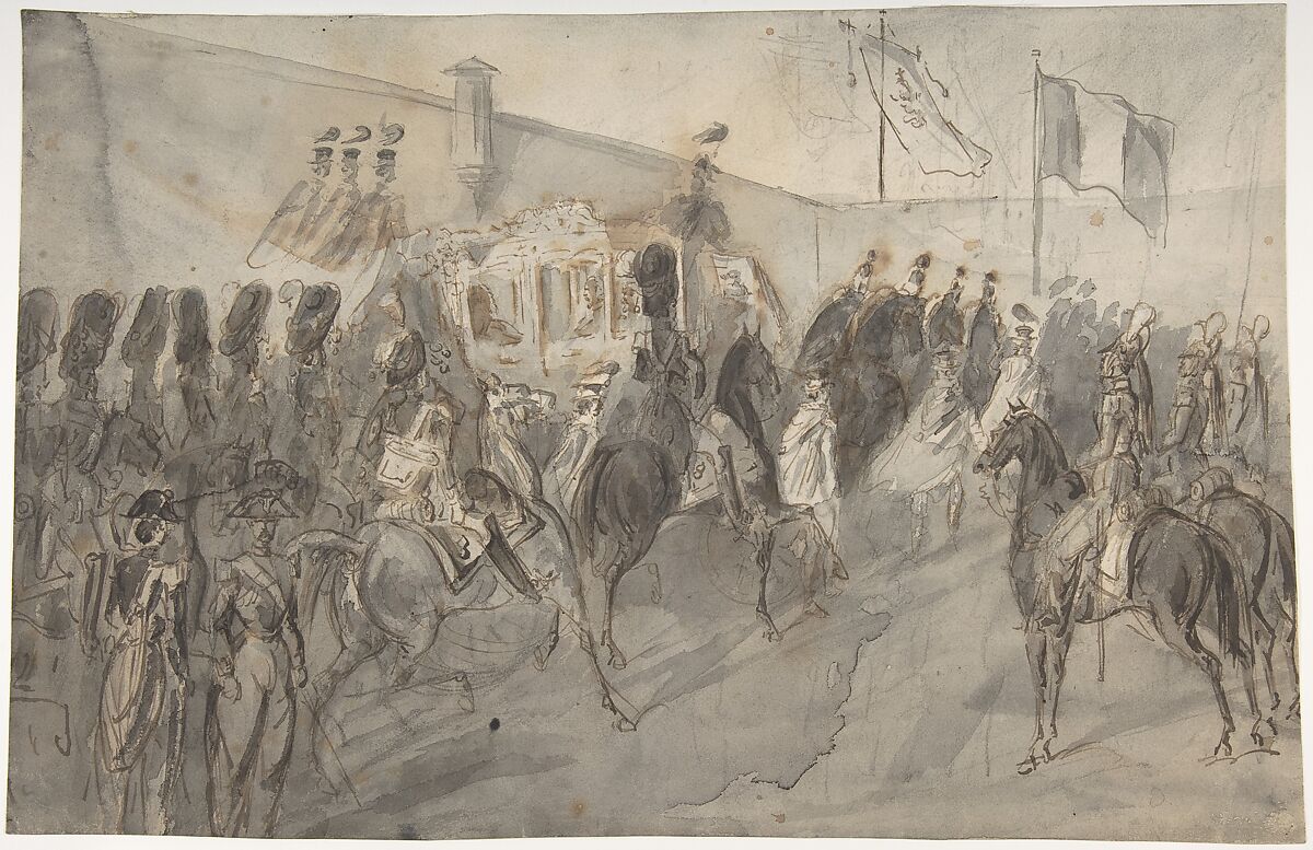 The Senator Returning from the Vatican, Constantin Guys (French, Flushing 1802–1892 Paris), Pen and brown ink, brush and  gray and black wash, over graphite 