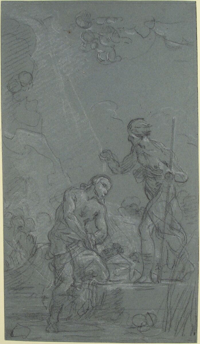 The Baptism of Christ, Noël Hallé (French, Paris 1711–1781 Paris), Black chalk, heightened with white, on blue-gray paper.