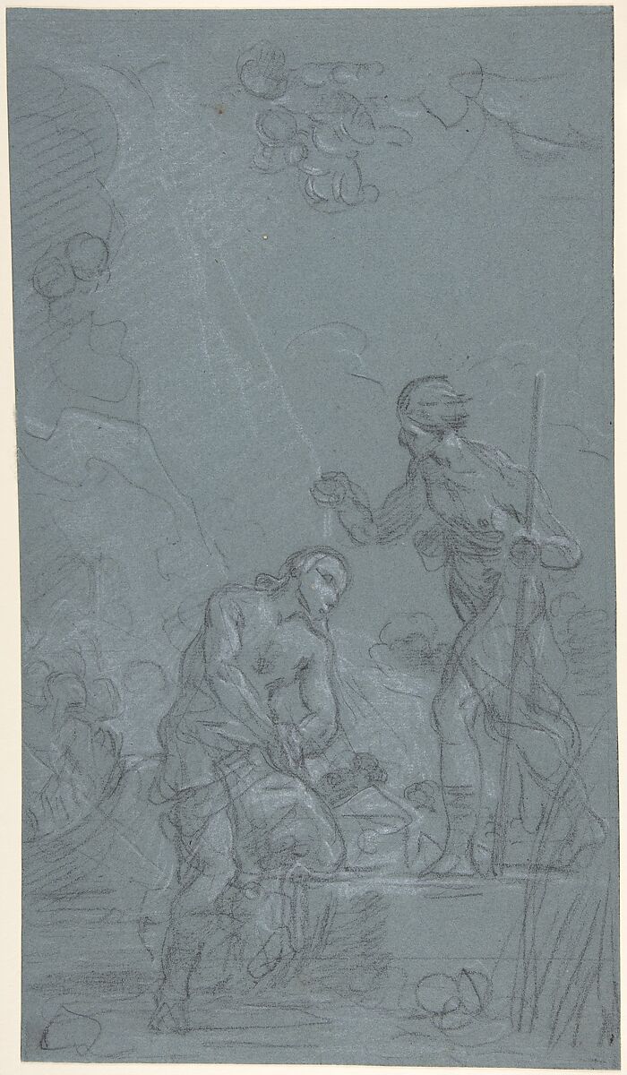 The Baptism of Christ, Noël Hallé (French, Paris 1711–1781 Paris), Black chalk, heightened with white, on blue-gray paper. 
