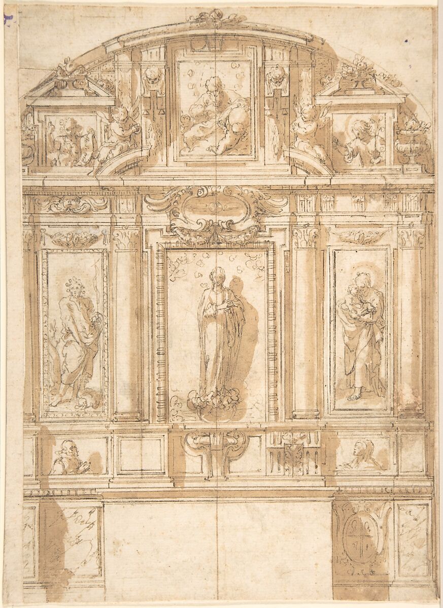 Design for an Altar with the Virgin of the Immaculate Conception in the Center, Anonymous, Spanish, 17th century, Pen and brown ink with brush and brown wash over traces of black chalk.  Laid down on secondary paper mount 