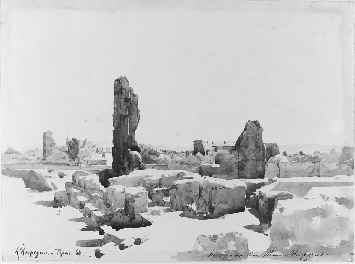 View of the Colosseum from the Basilica of Domitian and the Flavian Palace, Rome, Henri-Joseph Harpignies (French, Valenciennes 1819–1916 Saint-Privé), Watercolor over graphite, lightly squared in graphite