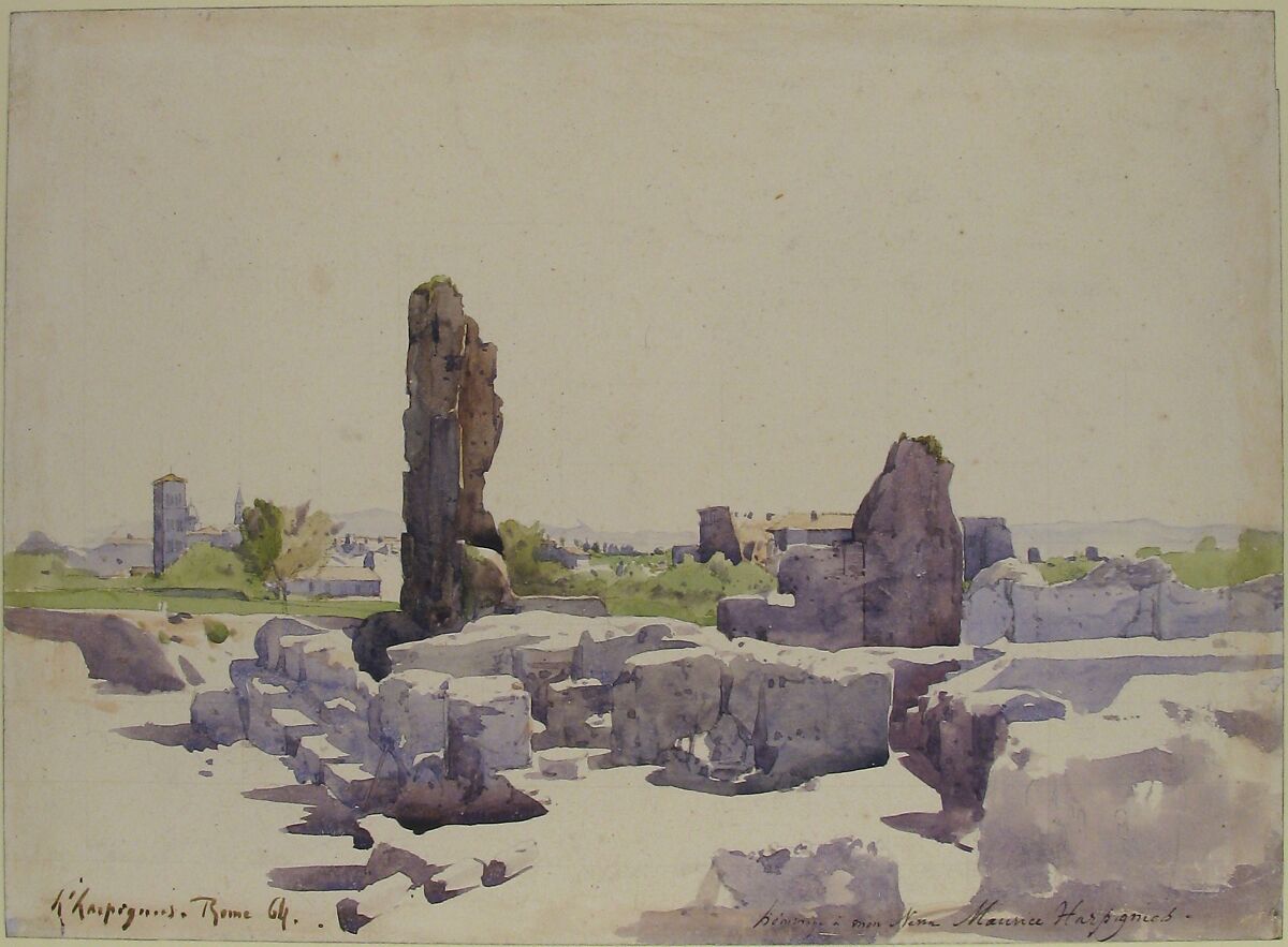 View of the Colosseum from the Basilica of Domitian and the Flavian Palace, Rome, Henri-Joseph Harpignies (French, Valenciennes 1819–1916 Saint-Privé), Watercolor over graphite, lightly squared in graphite