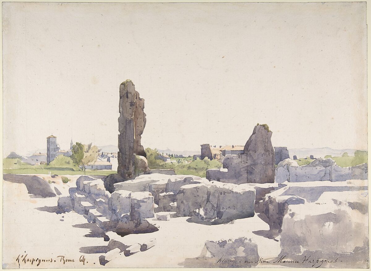 View of the Colosseum from the Basilica of Domitian and the Flavian Palace, Rome, Henri-Joseph Harpignies (French, Valenciennes 1819–1916 Saint-Privé), Watercolor over graphite, lightly squared in graphite 