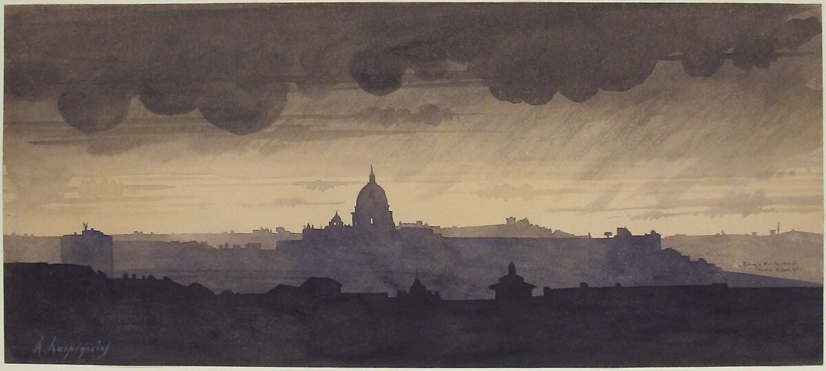 Saint Peter's Seen From the Pincio, Rome, Henri-Joseph Harpignies (French, Valenciennes 1819–1916 Saint-Privé), Pen and black ink, brush, gray and blue-gray washes