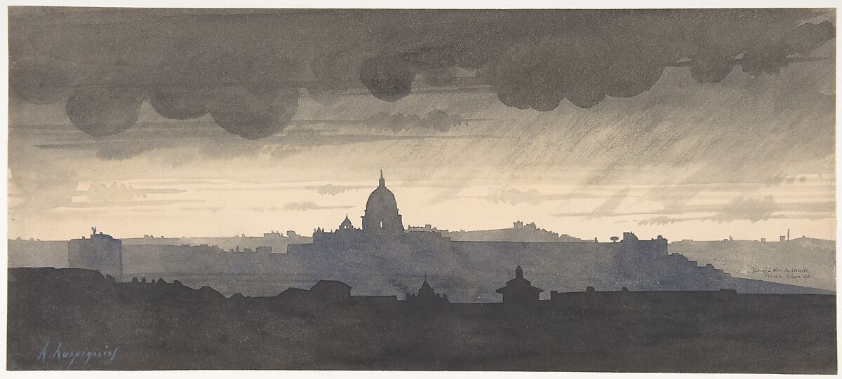 Saint Peter's Seen From the Pincio, Rome, Henri-Joseph Harpignies (French, Valenciennes 1819–1916 Saint-Privé), Pen and black ink, brush, gray and blue-gray washes 