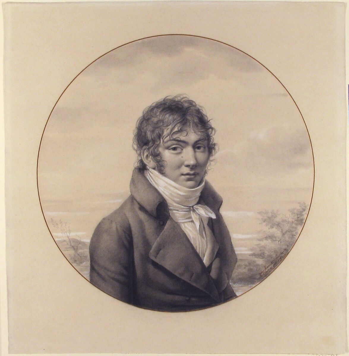 Portrait of a Young Man, Fulchran Jean Harriet (French, Paris 1776–1805 Rome), Black chalk, stumped, heightened with white. Framing line in pen and brown ink.