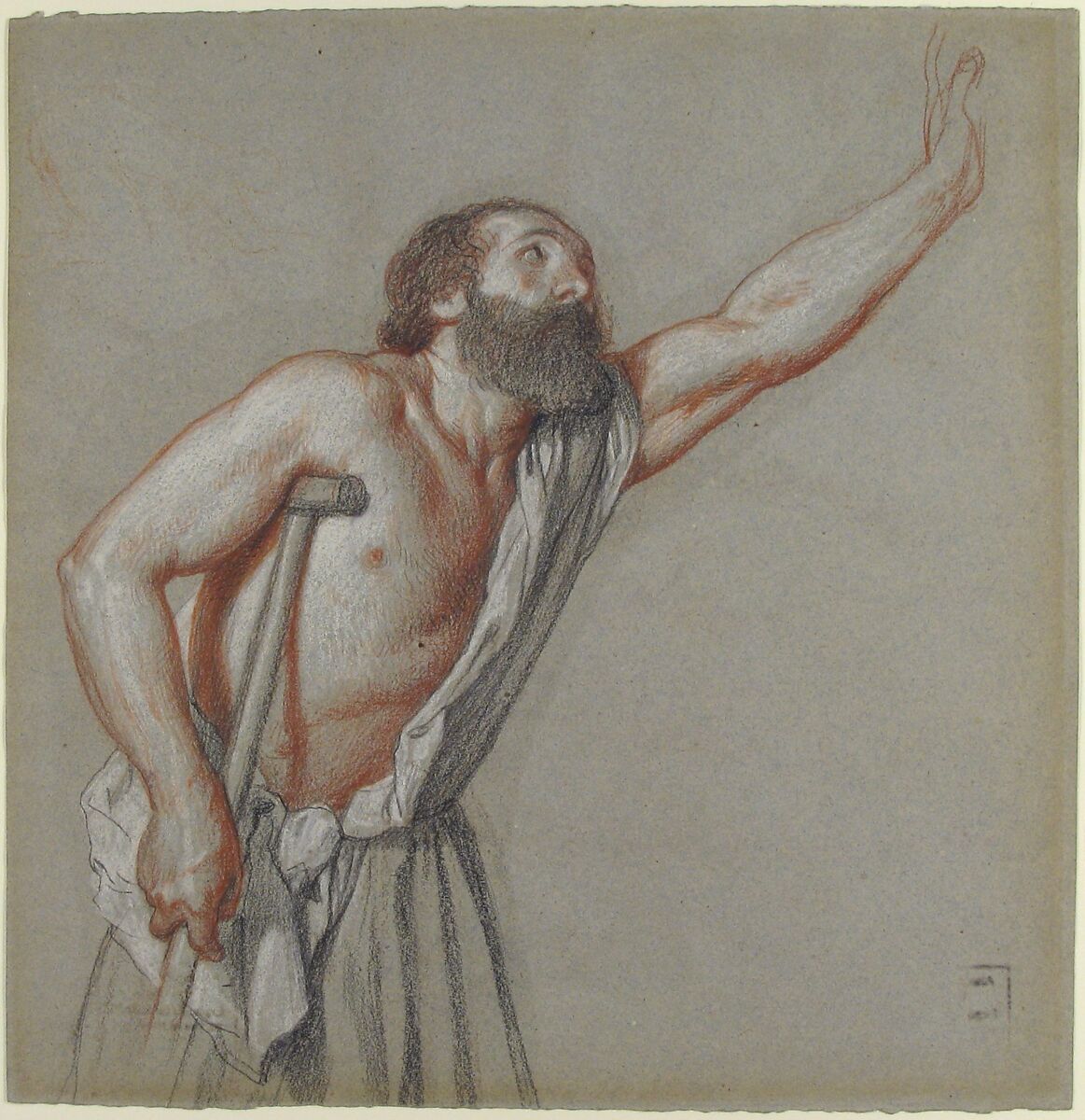 Man Leaning on a Crutch with Left Arm Raised, Alexandre Hesse (French, Paris 1806–1879 Paris), Black, red and white chalk on gray paper
