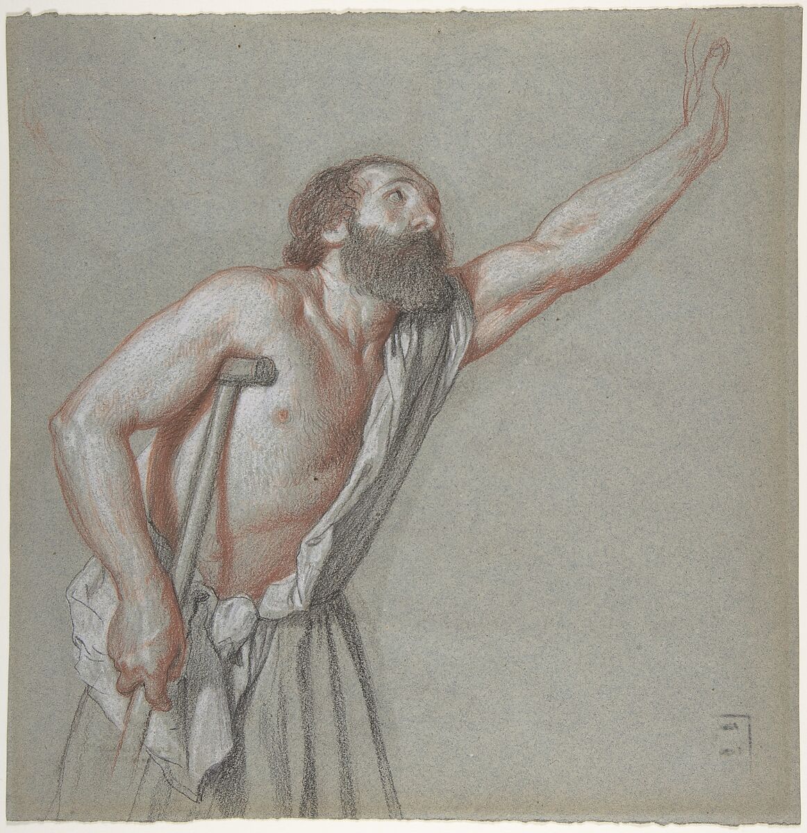 Man Leaning on a Crutch with Left Arm Raised, Alexandre Hesse (French, Paris 1806–1879 Paris), Black, red and white chalk on gray paper 