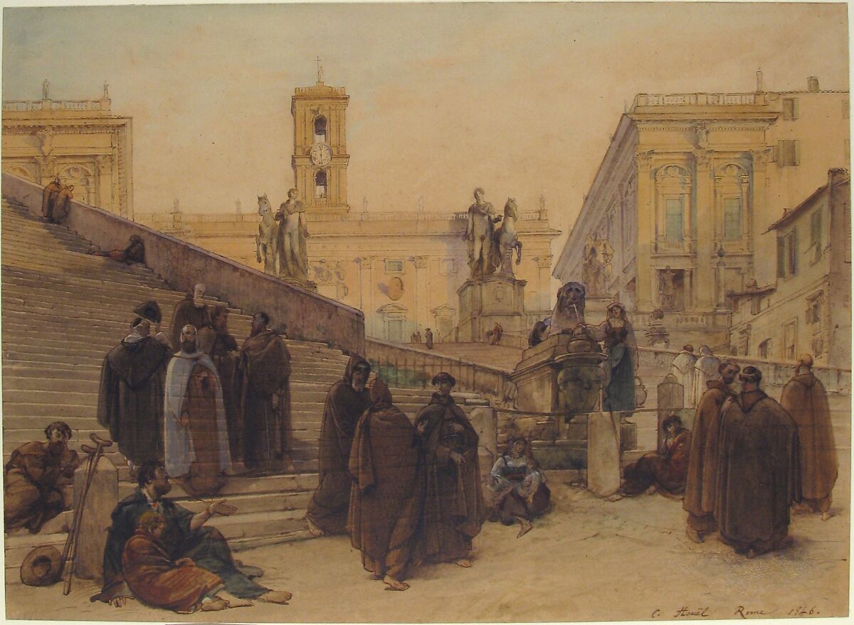 The Campidoglio seen from the Staircase of the Church of the Aracoeli, Rome, at Sunset, Charles-François Houel (French, Paris 1819–1849 Paris), Pen and brown ink, brown wash, watercolor and gouache; lined