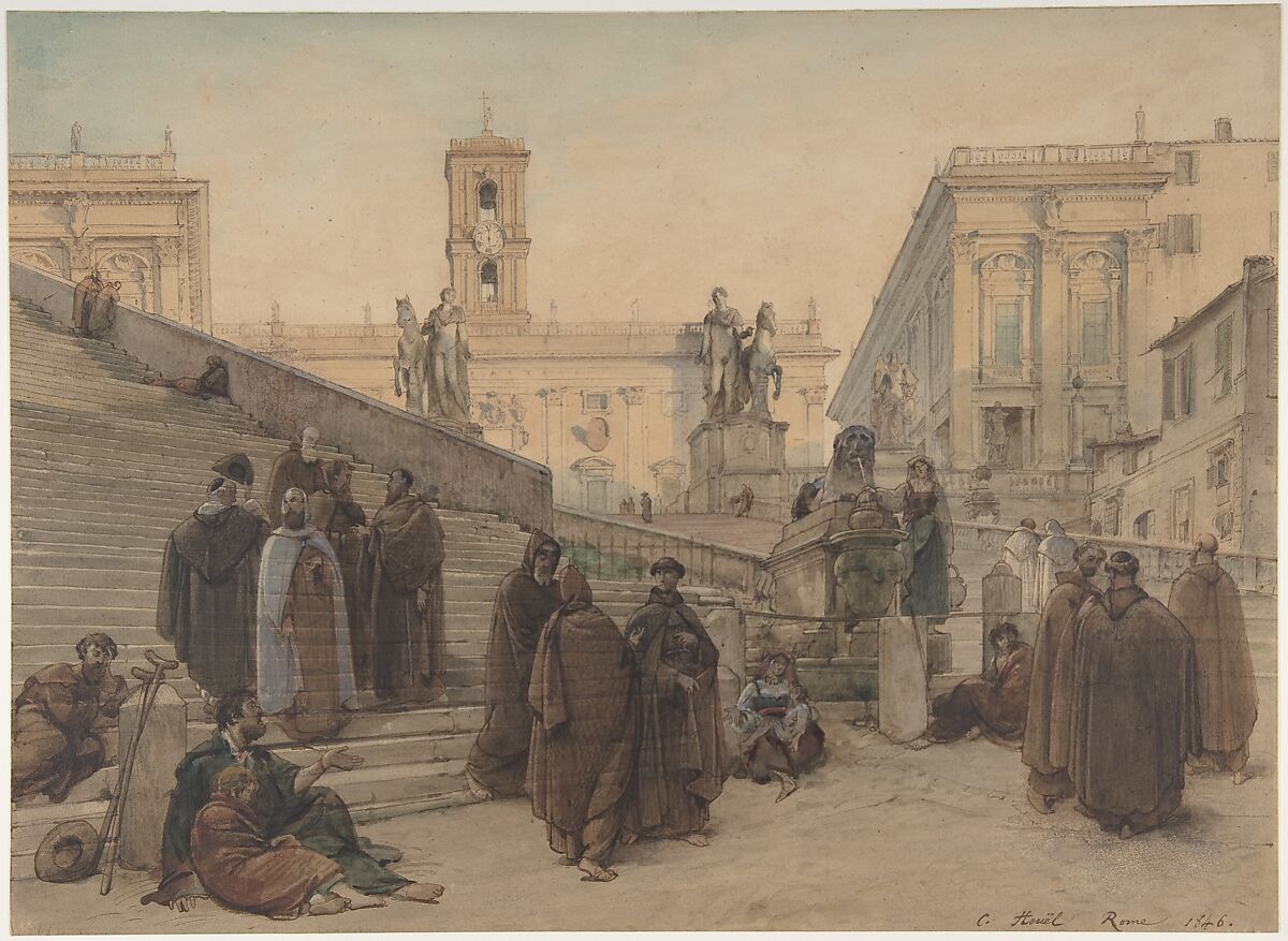 The Campidoglio seen from the Staircase of the Church of the Aracoeli, Rome, at Sunset, Charles-François Houel (French, Paris 1819–1849 Paris), Pen and brown ink, brown wash, watercolor and gouache; lined 