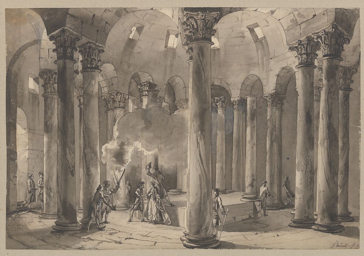 Visitors with Torches Inside a Circular Building, Jean Pierre Louis Laurent Hoüel (French, Rouen 1735–1813 Paris), Pen and brown ink, gray-brown wash, heightened with touches of white, over traces of black chalk