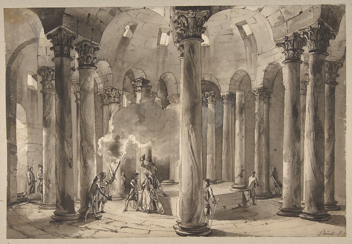 Visitors with Torches Inside a Circular Building, Jean Pierre Louis Laurent Hoüel (French, Rouen 1735–1813 Paris), Pen and brown ink, gray-brown wash, heightened with touches of white, over traces of black chalk 