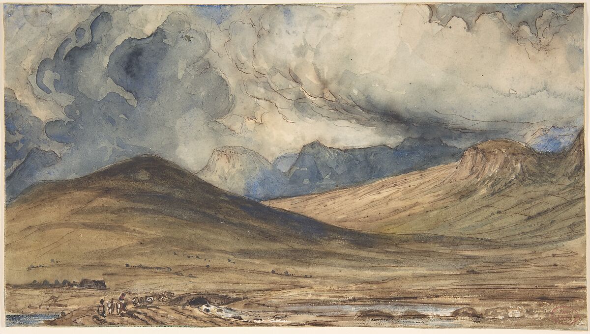 Mountains of Auvergne, Paul Huet (French, Paris 1803–1869 Paris), Watercolor with pen and brown ink 