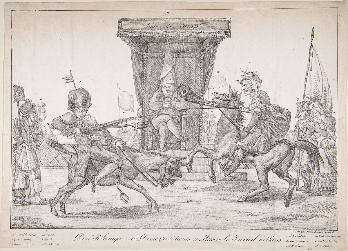 Polemical Duel between Lady Quotidienne and Sir Journal de Paris, Eugène Delacroix (French, Charenton-Saint-Maurice 1798–1863 Paris), Lithograph, second state of two 