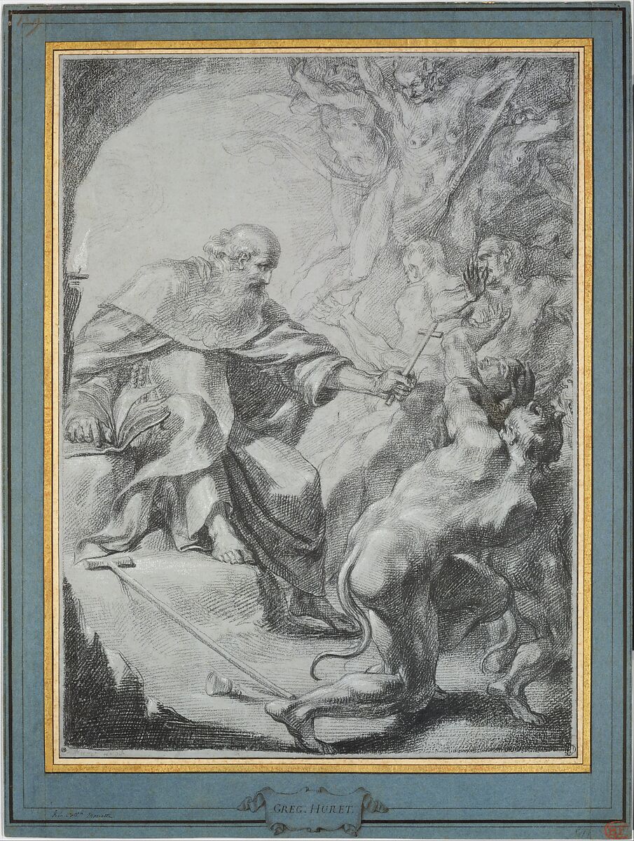 St. Anthony of Egypt Driving Away Devils, Grégoire Huret (French, Lyon 1606–1670 Paris), Black chalk, heightened with white, on gray prepared paper