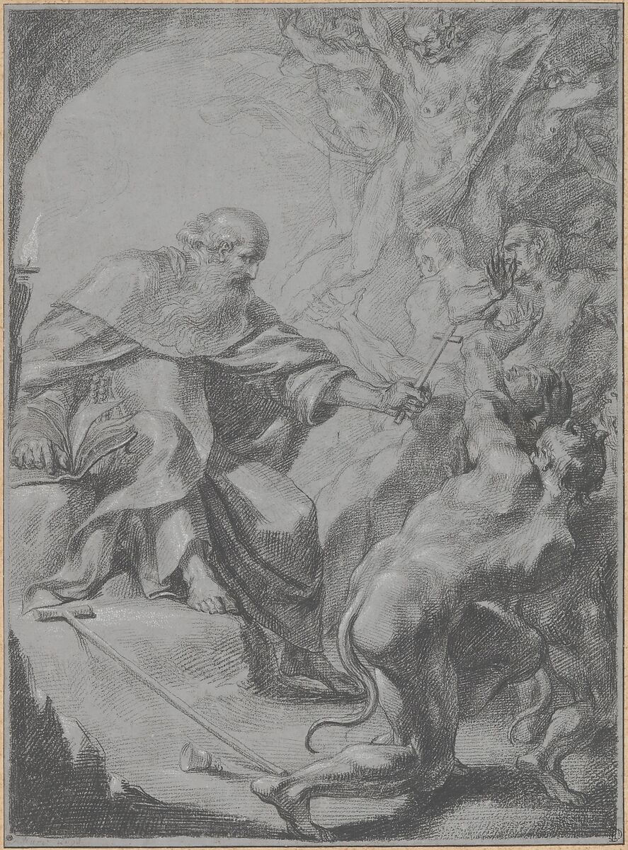St. Anthony of Egypt Driving Away Devils, Grégoire Huret (French, Lyon 1606–1670 Paris), Black chalk, heightened with white, on gray prepared paper