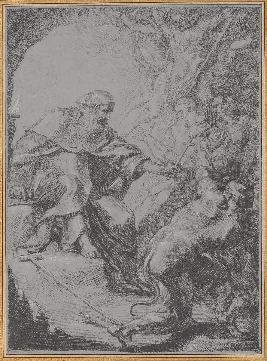 St. Anthony of Egypt Driving Away Devils, Grégoire Huret (French, Lyon 1606–1670 Paris), Black chalk, heightened with white, on gray prepared paper
