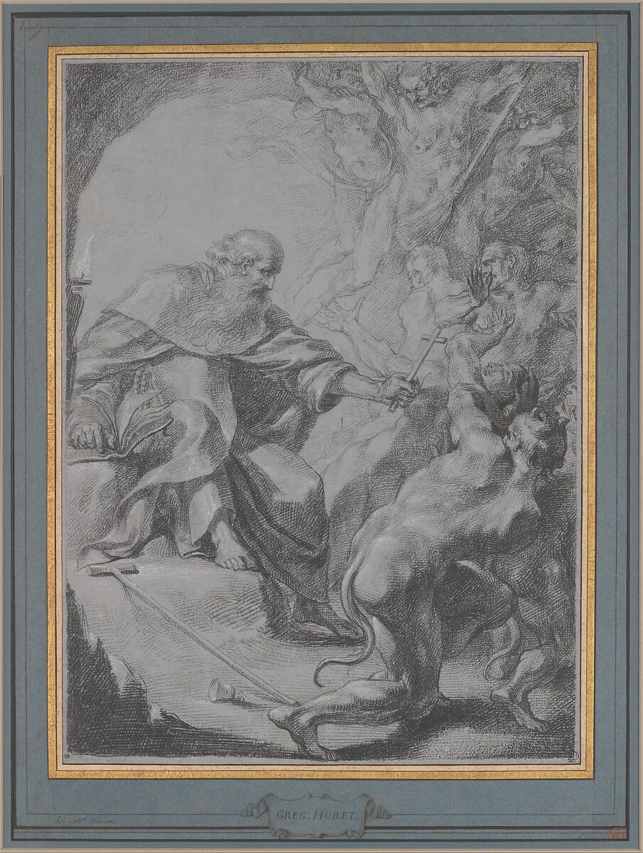 St. Anthony of Egypt Driving Away Devils, Grégoire Huret (French, Lyon 1606–1670 Paris), Black chalk, heightened with white, on gray prepared paper 