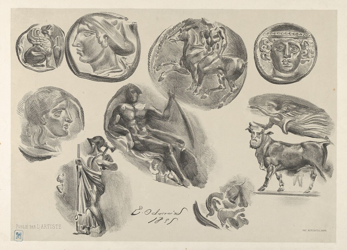 Sheet of Nine Antique Coins, Eugène Delacroix (French, Charenton-Saint-Maurice 1798–1863 Paris), Lithograph; fourth state of five 