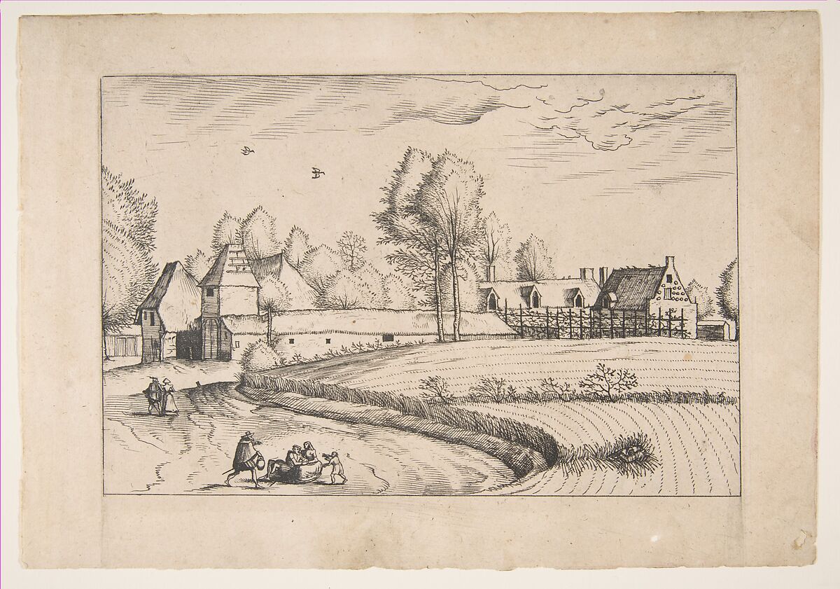 Country Houses, couple and cornfield in the foreground, from the series The Small Landscapes (Praediorum Villarum), After The Master of the Small Landscapes (Netherlandish, 16th century), Etching; first state of three 