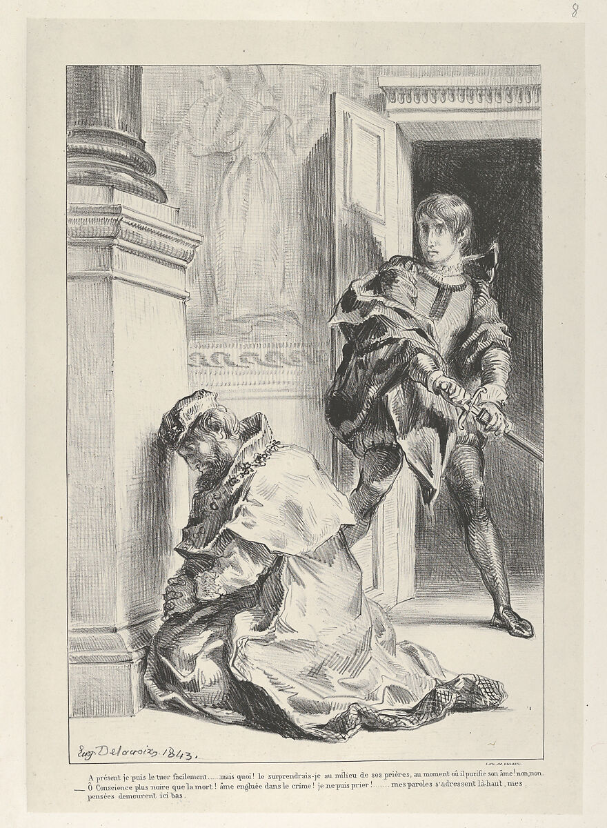 Hamlet Attempts to Kill the King, Eugène Delacroix (French, Charenton-Saint-Maurice 1798–1863 Paris), Lithograph; first state of three 