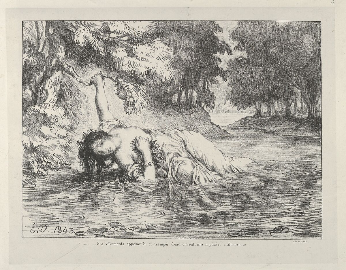 The Death of Ophelia, Eugène Delacroix (French, Charenton-Saint-Maurice 1798–1863 Paris), Lithograph; second state of four 