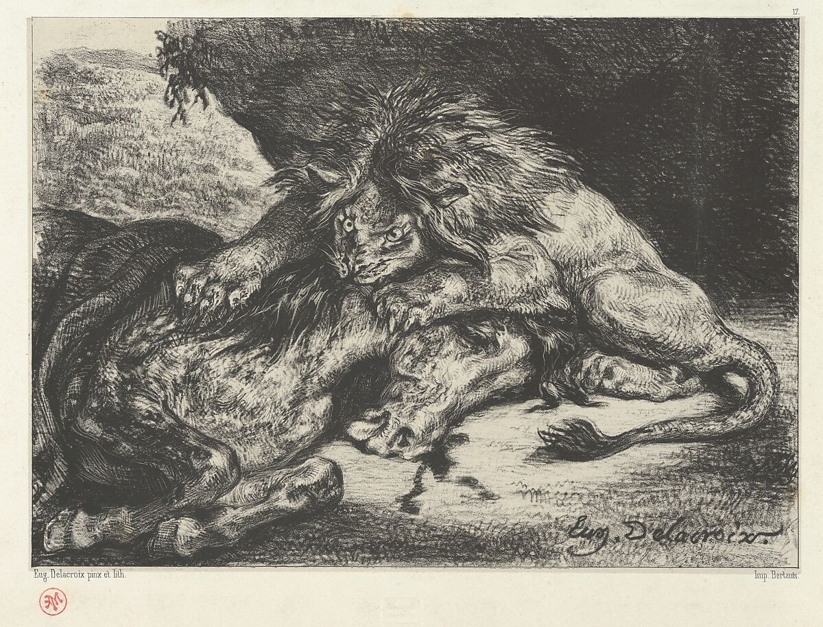 Lion Devouring a Horse, Eugène Delacroix (French, Charenton-Saint-Maurice 1798–1863 Paris), Lithograph on chine collé; fourth state of five 