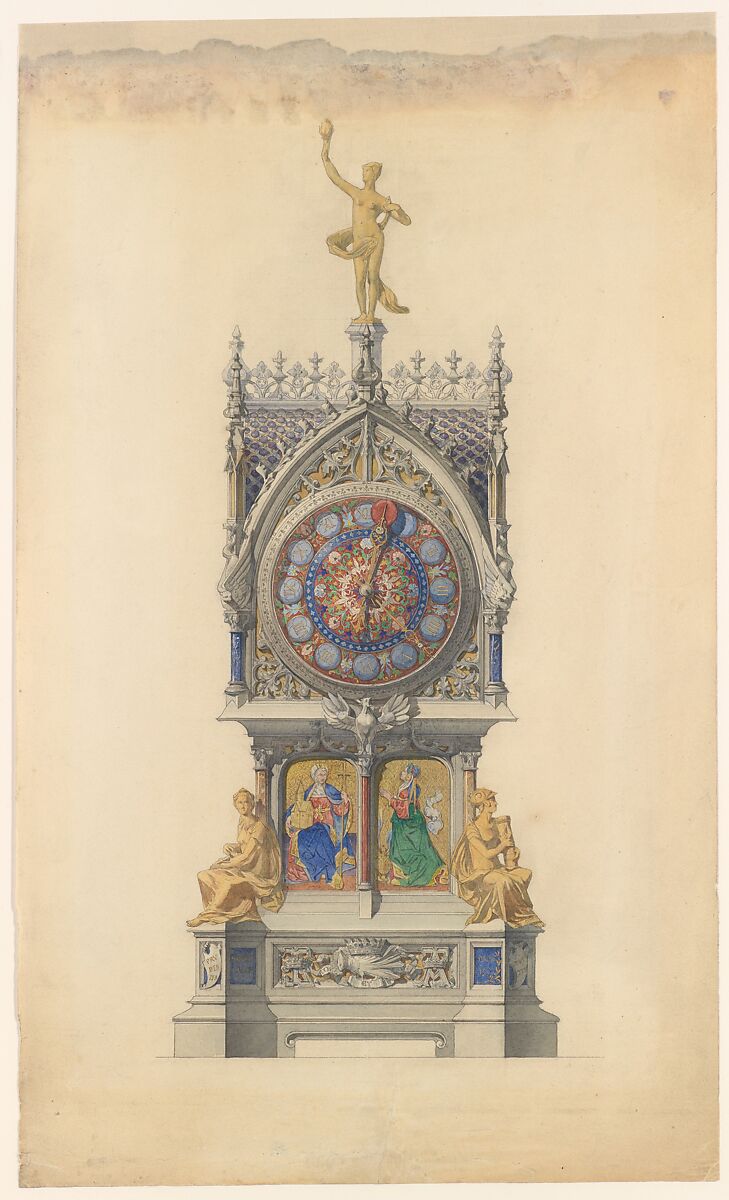 Design for Enameled Clock, Lucien Falize (French, Paris 1839–1897 Paris), Pen, ink, and watercolor 