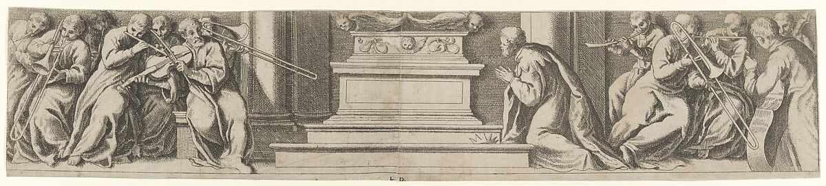 A King Kneeling Before an Altar, Léon Davent (French, active 1540–56), Etching 