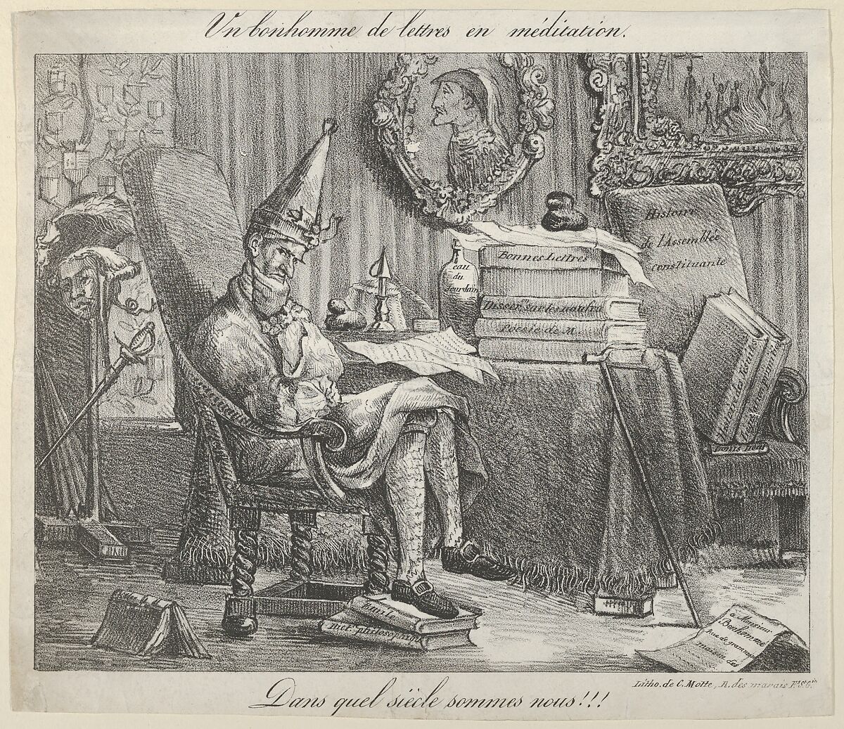 A Literary Fellow Meditating, Eugène Delacroix (French, Charenton-Saint-Maurice 1798–1863 Paris), Lithograph; second state of three 