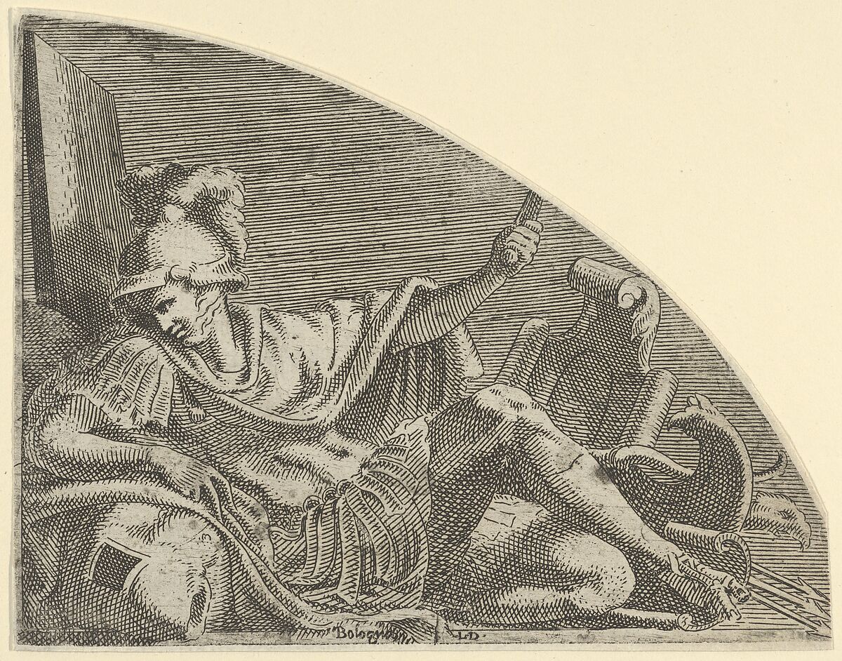 Mars seated on his Trophies, Léon Davent (French, active 1540–56), Etching 