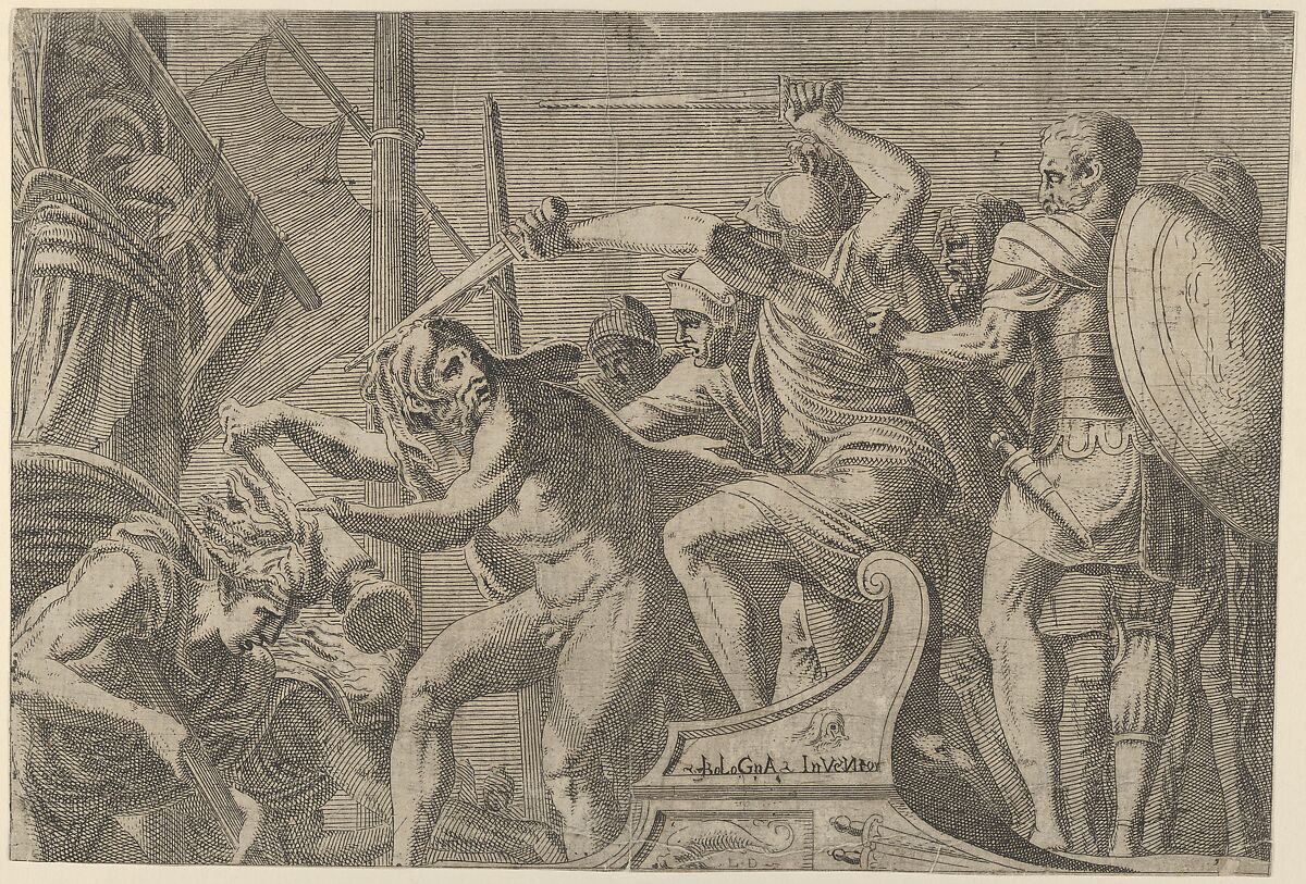 Hercules Fighting Aboard The Argonauts' Ship, Léon Davent (French, active 1540–56), Etching 