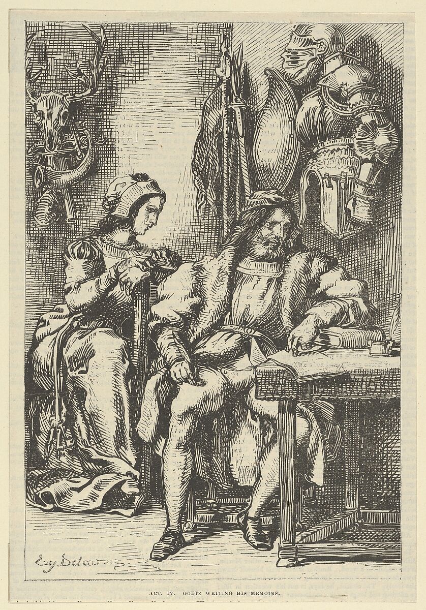 Goetz von Berlichingen Writing His Memoirs, After Eugène Delacroix (French, Charenton-Saint-Maurice 1798–1863 Paris), Wood engraving (or possibly stereotype) 